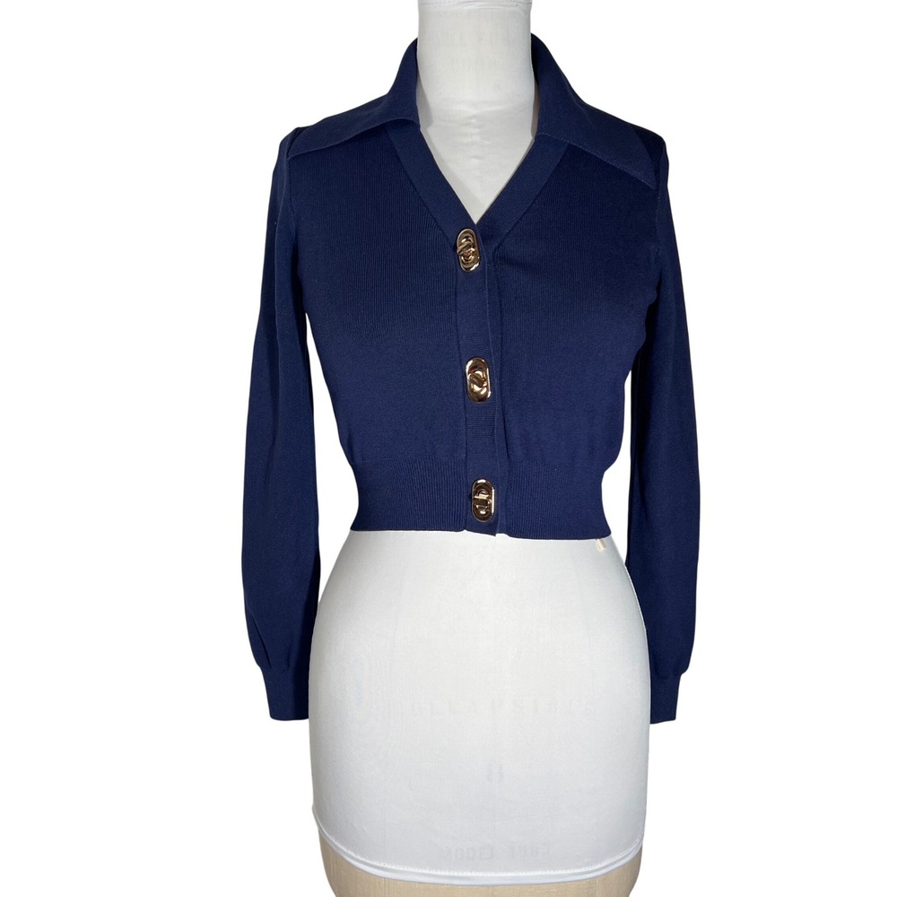 Commense‎ Navy Blue Cropped Cardigan Gold Twist Lock Buttons Collared XS